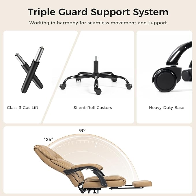 Office Chair with Footrest, Executive Breathable Leather Office Desk Chair with Lumbar Support - Ergonomic Comfy Wide Reclining Swivel Rolling Gaming Computer Chair with Adjustable 90-135° High Back