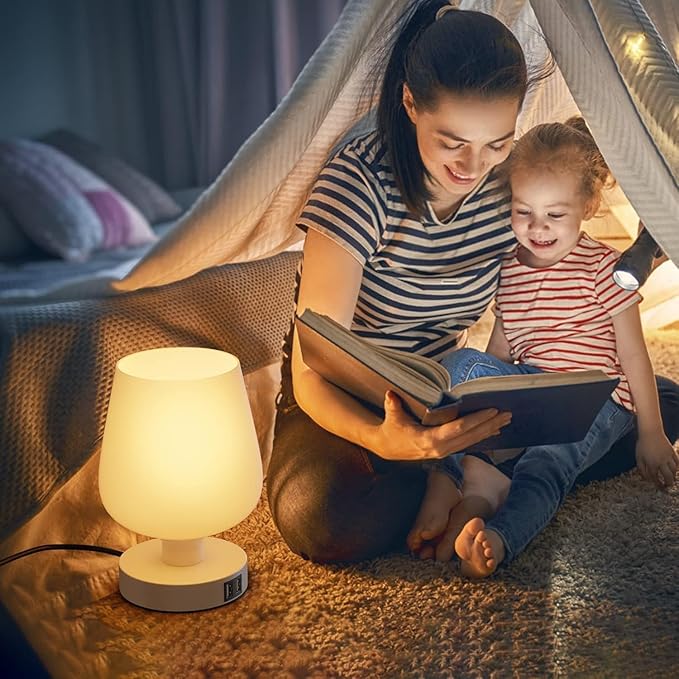Touch Bedside Table Lamp with 2 USB Ports - 3 Way Dimmable Modern Small Lamps for Bedroom Living Room Nightstand, Desk Lamps with White Opal Glass Lamp Shade, Warm LED Bulb, Bulb Included