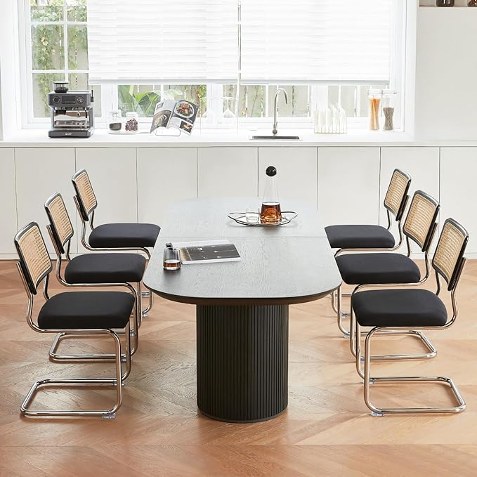 Black Chrome Rattan Dining Chairs Set of 4,Wooden Mid-Century Modern Kitchen Chairs, Mesh Back Cane Dining Room Chair, Cesca Design Chairs with Metal Chrome Legs