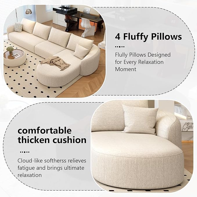 138.6" Modular Sectional Couches Luxury Modern Curved Back Sofa,Minimalist Comfy L-Shape Boneless Cloud Couch for Living Room Apartment,(Right Facing Chaise,White)