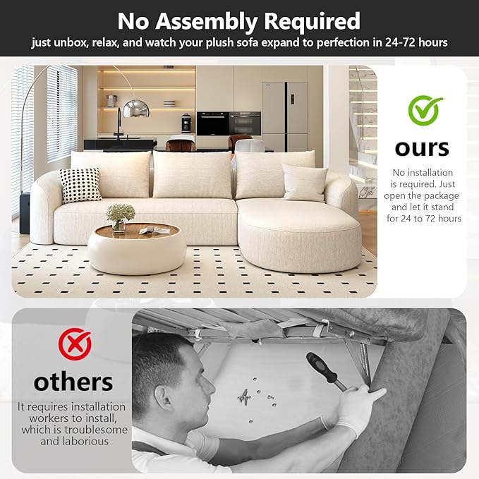 111" Modular Sectional Couches Luxury Modern Curved Back Sofa,Minimalist Comfy L-Shape Boneless Cloud Couch for Living Room Apartment,(Right Facing Chaise,White)