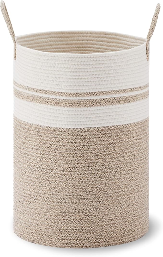 VIPOSCO Large Laundry Hamper, Tall Woven Rope Storage Basket for Blanket, Toys, Dirty Clothes in Living Room, Bathroom, Bedroom - 72L Brown & White
