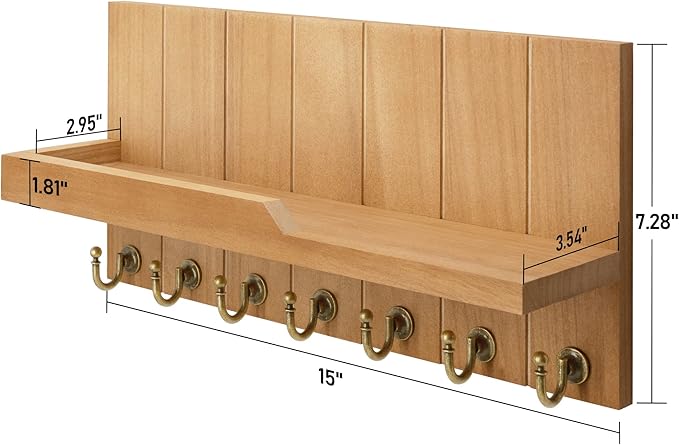 Rebee Vision Decorative Key Holder for Wall Shelf - Farmhouse Wood Wall Hanging Mail Organizer with 7 Sturdy Key Hooks for Home Entryway Decor - Stylish Key Racks (Light Brown)