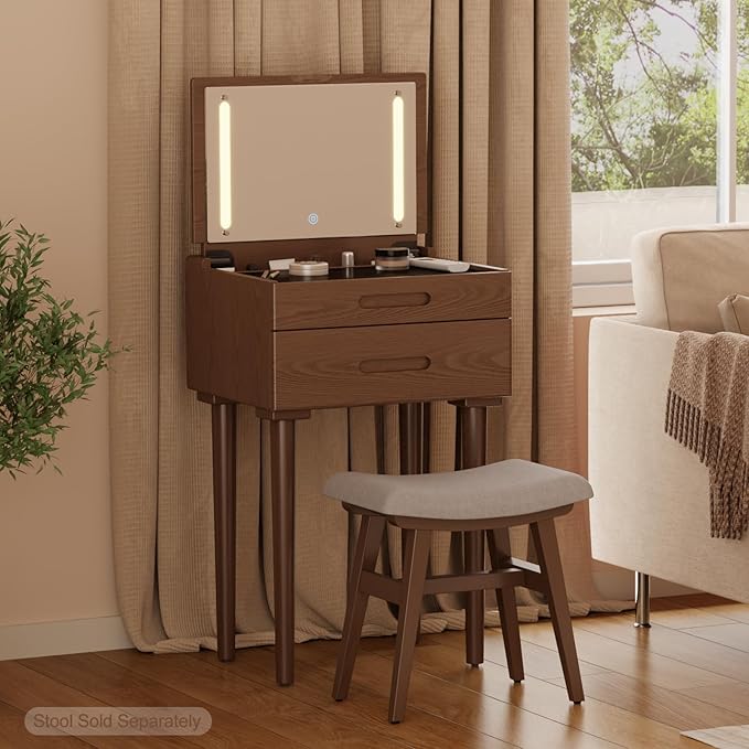 Solid Wood Small Vanity Desk with Mirror and Lights, Narrow Makeup Vanity for Small Space, Flip Top Vanity Side Table, 3 Color Modes & Adjustable Brightness, 19.6" Slim Dressing Table, Walnut