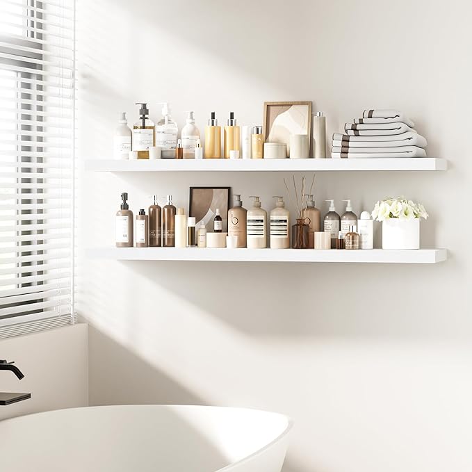 Fun Memories Floating Shelves - 12 Inch Rustic Wooden Wall Shelves - Extra Deeper & Thicker Wall Mounted Storage Shelf for Living Room, Kitchen, Farmhouse - 55" W x 12" D x 1.8" H - White