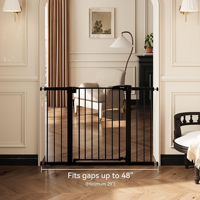 Babelio Metal Baby Gate, 29-48'' Auto Close Easy Install Dog/Pet Barrier, Extra Wide Walk Thru Child Safety Door, Pressure Mounted for Doorways & Stairs, with Y Spindle Rods, Black