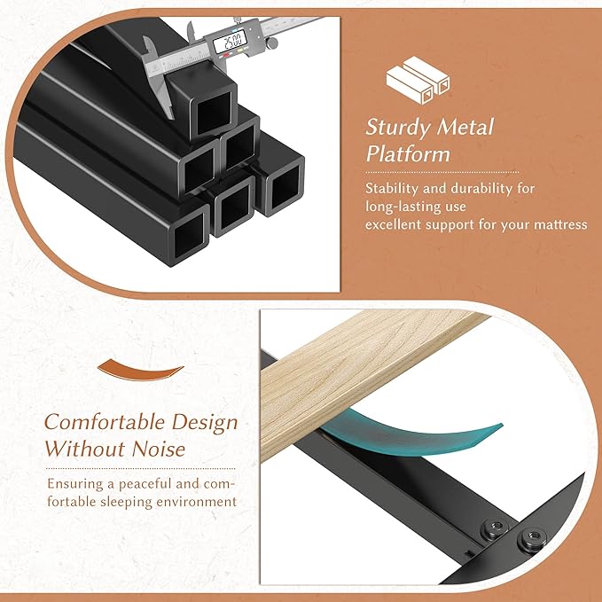 EnHomee Twin Size Bed Frame with One Large Storage Headboard & Charging Station, LED Platform Bed Frame with Storage Drawer, Sturdy Wooden Slats Support, Noise-Free, No Box Spring Needed, Grey