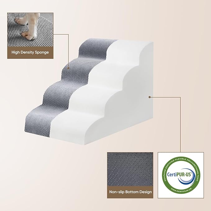 PAWSCART Dog Stairs for Small Dogs and Cats, 4-Step Dog Steps for Bed, 19.6" H Pet Stairs for High Bed, Pet Ramp for Couch, Sofa, Non-Slip Surface Removable Washable Cover, LightGrey