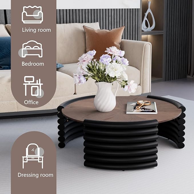 36" Round Coffee Table for Living Room Mid Century Modern Vintage Circle Coffee Table Center Tables Fluted Accent Tea Tables for Apartment Living Room