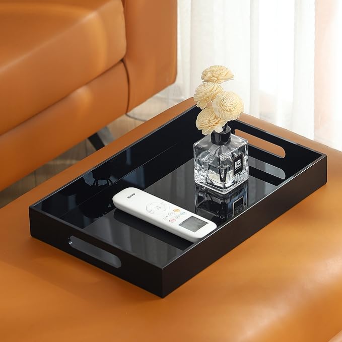 Black Oversize Acrylic Serving Tray with Handles 12x20 Inch -Spill Proof- Decorative Trays Countertop Organizer for Ottoman,Nightstand, Sidetable, Butler (12X20 Inch, Black)