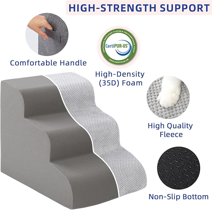 Pettycare Dog Stairs Ramp for High Beds and Couch,Curved Dog Steps for Small Pets, Pet Stairs Non-Slip Balanced Portable Puppy Ramp Indoor, 3 Steps,Grey