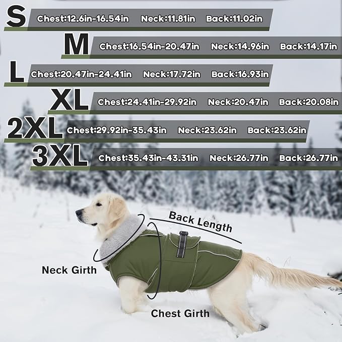 Lelepet Warm Dog Coat Reflective Fleece Vest Waterproof Dog Jacket with Adjustable Buckle Hook & Loop Windproof Cold Weather Coats for Small Medium Large Dogs, Army Green, XXXL