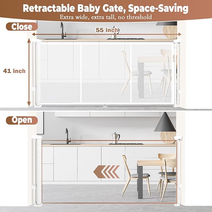 55" Retractable Baby Gate Extra Wide, 41" Tall Retractable Dog Gate for Stairs, Doorways, Decks, Mesh Gate Long Child Gate Pet Gate for Indoor, Outdoor, with Reinforced Mesh Rods, Dual Locks