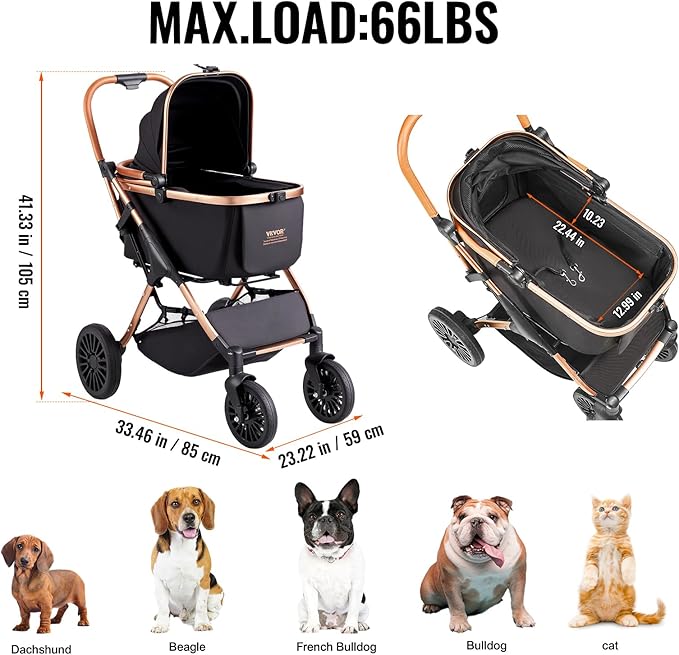 VEVOR Large Pet Stroller for Medium Large Dogs and Cats, Up to 66lbs, Detachable Carrier and Storage Basket