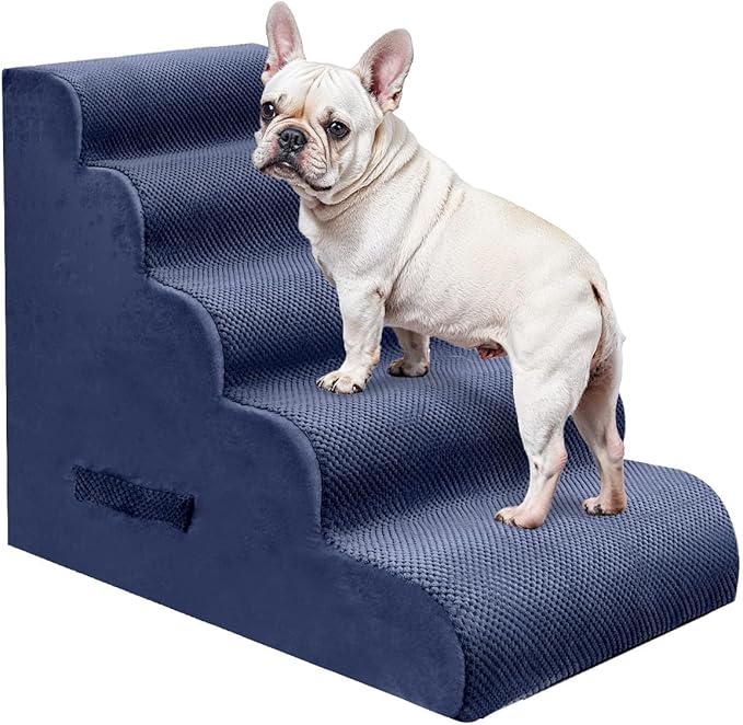 PAWSCART Dog Stairs for Small Pets, 22.8" H with 30D Material Soft Foam, Portable Ramp Non-Slip Surface Non-Slip for Couch and High Bed Climbing, 5-Step Stairs for Cat or Dog, Blue