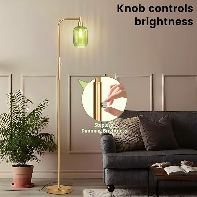 Glass Floor Lamp for Living Room, Dimmer Standing Lamp with Green Ribbed Lampshade,66” Tall Lamp & Gold Floor Lamp for Bedroom Study Room,Brushed Gold (Green)