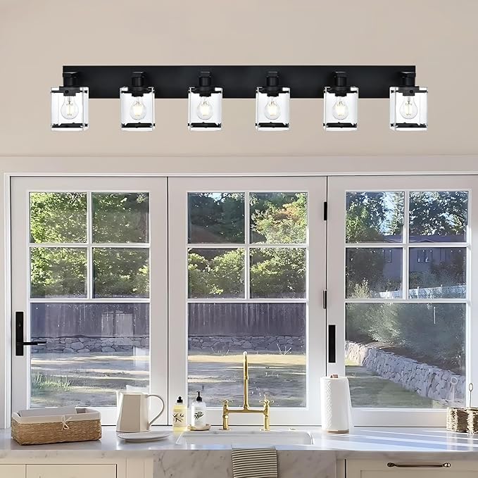 6-Light Bathroom Light Fixture Black Finish, Modern Vanity Lighting with Rectangular Clear Glass for Over Mirror Kitchen E26 Bulb Base