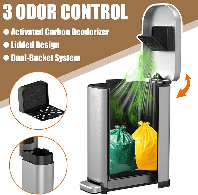 Dog Poop Trash Can Outside with Odor Control Lid & Step Pedal, 3.2Gal Stainless Steel Outdoor Trash Can, Waterproof Dog Waste Container - Includes 3 Carbon Filters & Bin Bag Holder