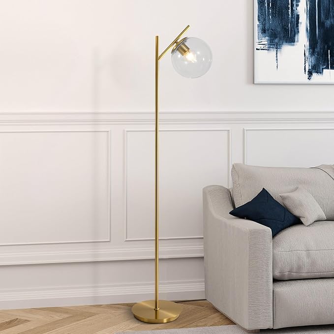 Mid Century Brass Floor Lamps Vintage Clear Standing Lamp for Living Room Modern Tall Freestanding Lamps Retro Farmhouses Globe Floor Lamp for Bedroom Office
