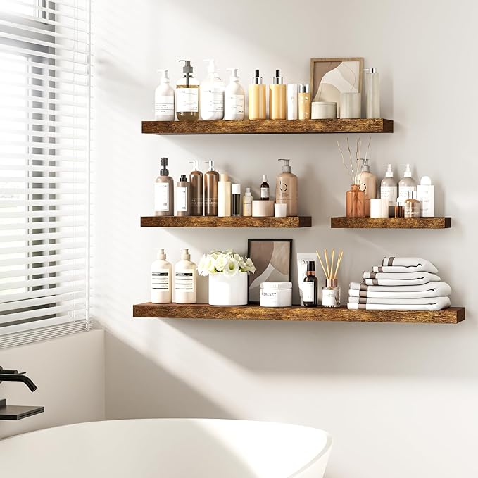 Fun Memories 24 Inch Floating Shelves - Deep Rustic Wooden Wall Shelves - Extra Deeper & Thicker Wall Mounted Storage Shelf for Bedroom, Kitchen, Farmhouse - 2 Pack, Rustic Brown