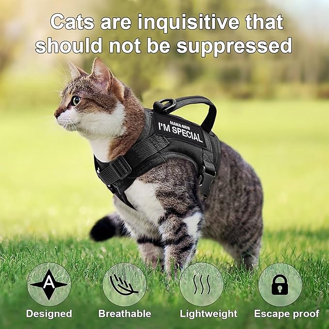 Forestpaw Cat Harness Escape Proof for Walking,Adjustable Cat Vest Harness with Soft Mesh Padded,Tactical Cat Harness with Control Handle,Molle Patches,Black
