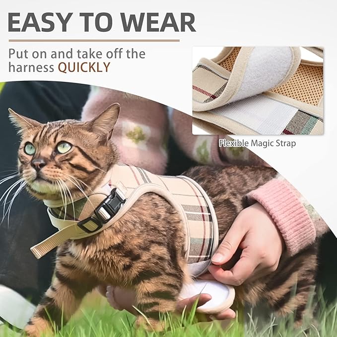 PUPTECK Soft Mesh Cat Vest Harness and Leash Set Puppy Padded Pet Harnesses Escape Proof for Cats Small Dogs Rabbits Bunny, Plaid Beige, XL