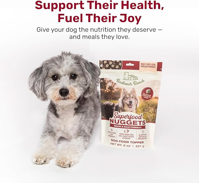 BADLANDS RANCH Superfood Nuggets – Freeze-Dried Raw Dog Food Topper/Treat. Nutrient-Dense Bison & Kale Formula. No Artificial Additives. Premium 8oz Bags – 4-Pack Bundle