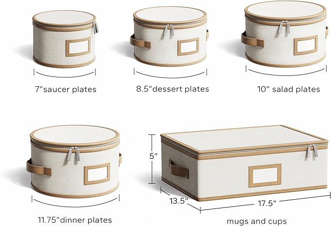 Hard Shell China Storage Containers – 5 Piece Set for Storing Dinner Plates, Salad Plates, Mugs, Quilted Dividers for Safe Moving and Seasonal Storage, Beige