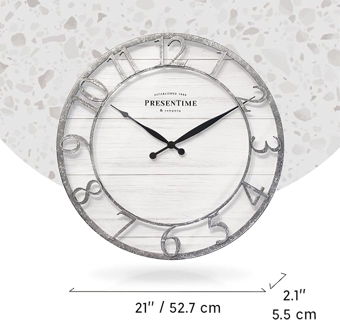 Presentime & Co 21" Farmhouse Series Wall Clock, Shiplap Style, Raised 3D Arabic Numeral, Galvanized Finish. Wall Décor for Living Room, Dining Room, and Entryway.