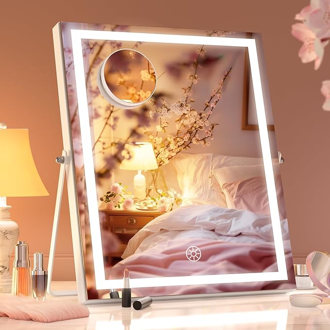 Hasipu Vanity Mirror with Lights, 11.4" x 13.8" LED Makeup Mirror with 10X Magnification, Smart Touch 3 Colors Dimmable, Brightness Adjustment, 360ยฐ Rotation, White