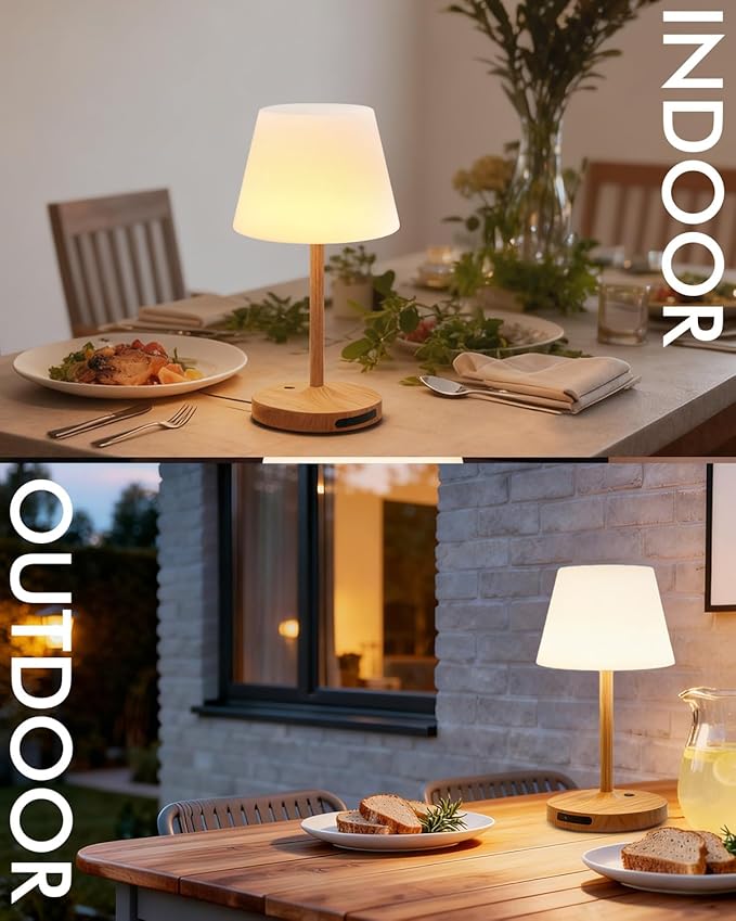 Outdoor Waterproof Shower Lamp, 5200mAh Cordless Rechargeable Table Lamp with Touch Dimming, IP65 Wireless LED Night Light for Patio, Camping, Bathroom, Restaurant & Kitchen (Wood Grain)