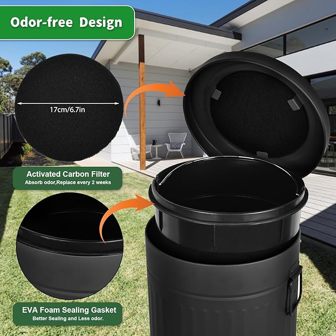 Dog Poop Trash Can with Lid for Outdoors,3.2 Gallon Trash Can with Activated Carbon Filter & Plastic Bags, Pet Waste Container,UP12L-BK-Y+90BK-New