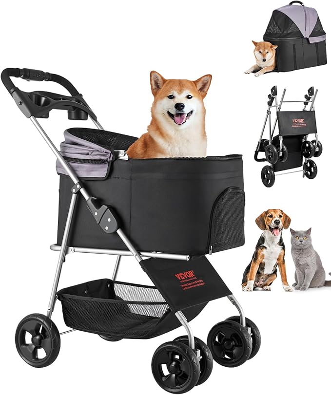 VEVOR Pet Stroller, 35 lbs Weight Capacity, Foldable Dog Stroller Cart, 4 Wheels Cats Strollers with with Detachable Carrier & Mesh Windows, Portable Design with Brake for Small to Medium Pets