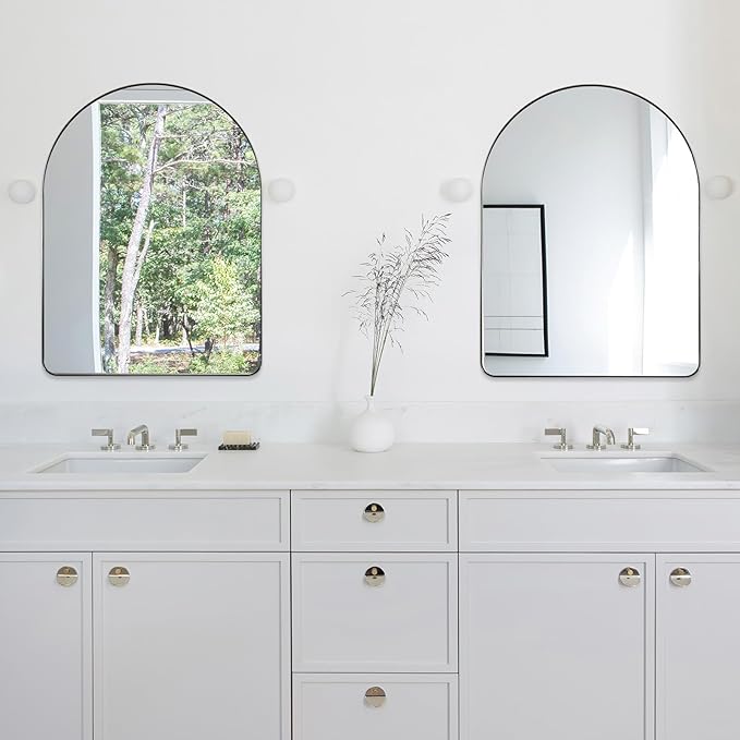 ANDY STAR 30 x 40 Inch Arched Mirror, Brushed Nickle Bathroom Mirror in Stainless Steel Metal Frame, Arch Top Rounded Corner 1 Inch Deep Set Design Wall Mount Hangs Vertical