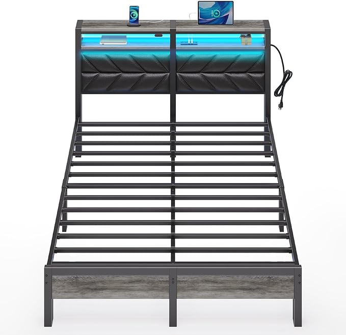 Seventable Bed Frame Queen Size with Charging Station, LED Bed with Upholstered Storage Headboard, Metal Platform Bed with Under Bed Storage, No Box Spring Needed, Noise Free, Easy Assembly, Black