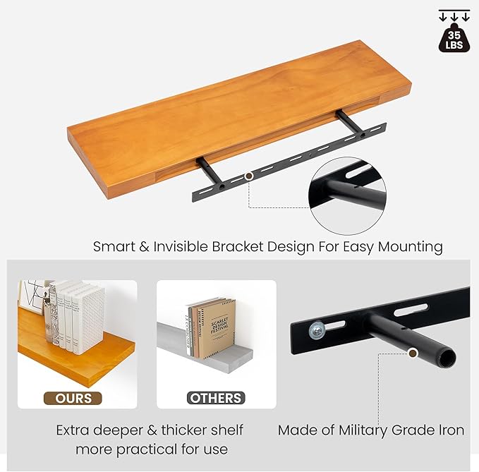 Pine Floating Wall Shelves Set of 2, 16 Inches Long x 8”x 1.4” Shelf Floating Rustic Farmhouse Decor, Heavy Duty Shelf, Wall Shelves for Bathroom Living Room Kitchen Bedroom Office, Honey Oak