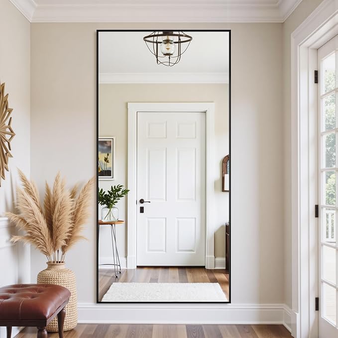 Full Length Mirror, 83"x44" Floor Mirror Freestanding, Oversized Floor Standing Full Body Mirror with Stand for Bedroom, Hanging Mounted for Living Room Cloakroom, Black, Rect