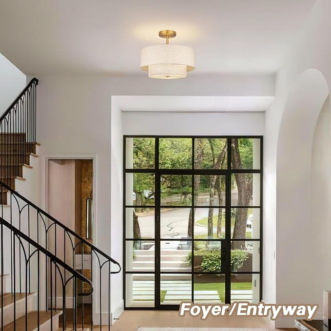 18 Inch Large Semi Flush Mount Ceiling Light Fixture with Dual Drum Design, Gold Farmhouse Fabric Linen Shade for Bedroom, Living Room, Kitchen, and Dining - Modern Chandelier Lamp