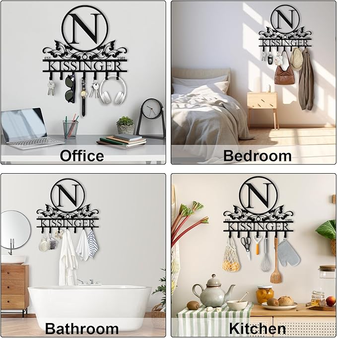 Personalized Metal Key Holder Wall Mount, Custom Family Name Key Holder for Wall, Decorative Key Rack, Home Decor for Entryway Kitchen Hallway Bedroom, Housewarming Gifts Color02