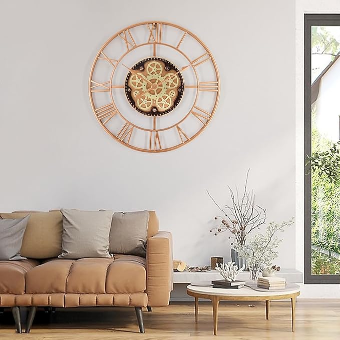 24 Inch Large Wall Clocks for Living Room Decor with Moving Gears,Large Wall Clock Industrial Steampunk,Oversized Metal Analog Wall Clocks for Farmhouse Home Battery Operated