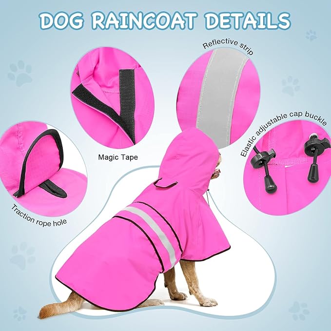 Waterproof Hooded Dog Raincoat - Reflective Dog Rain Jacket Doggy Raincoats Adjustable Lightweight Pet Rain Coat for Dogs (Medium, Pink)