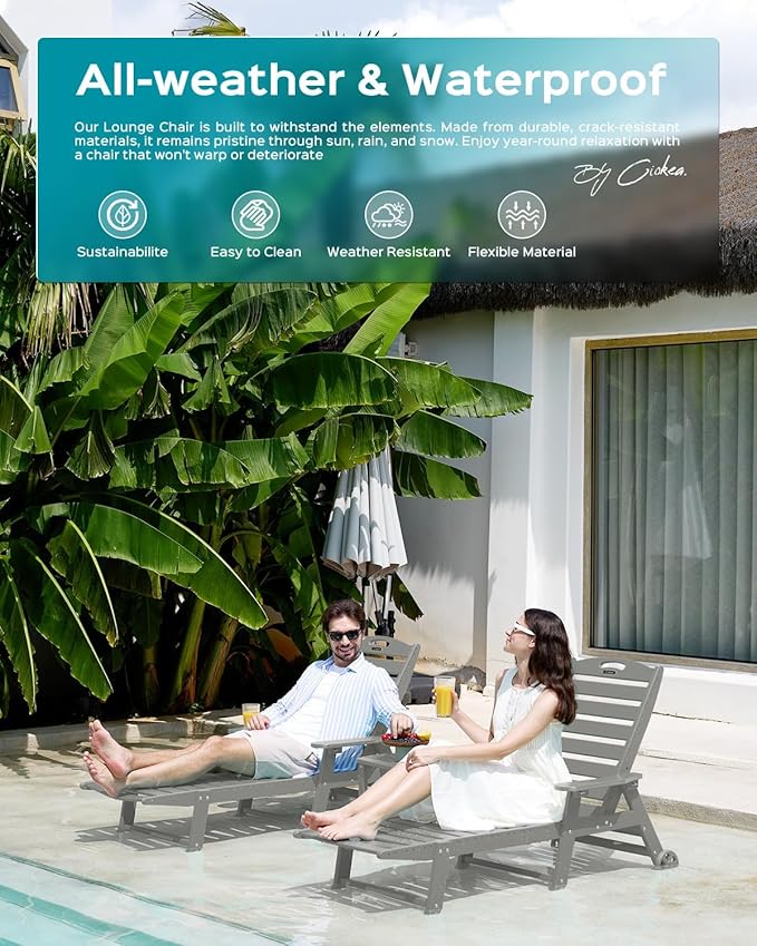 Outdoor Chaise Lounge Chair Set of 2, Patio Lounge Chairs for Outside, HDPE Lounge Chairs with Wheels & Cup Holder, Poly Lounge Chair with 5 Position for Poolside, Deck, Grey