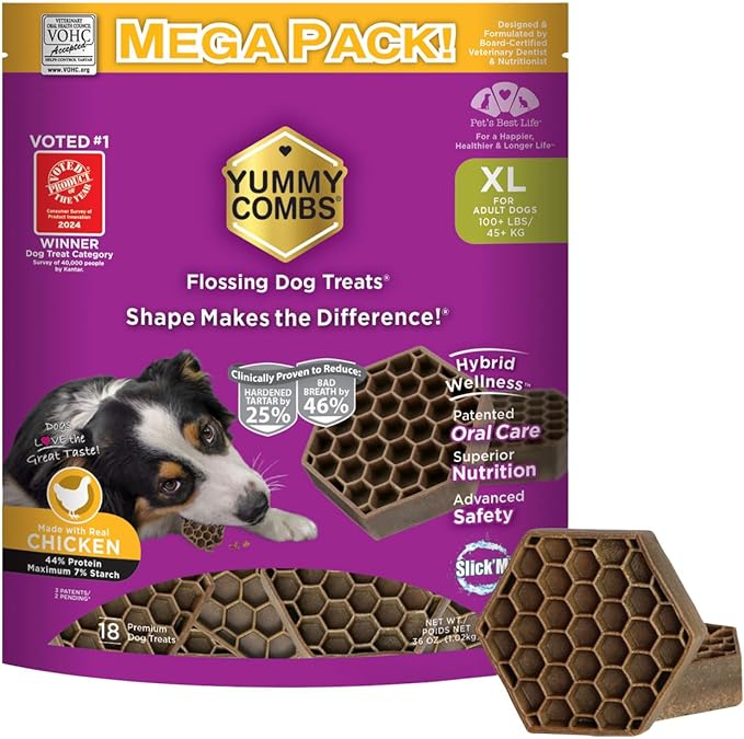 Yummy Combs Dog Dental Treats – Vet VOHC Approved – Delicious Chicken Protein – Removes Tartar with Cleaning Comb Shape – Dental Dog Treats for Extra Large Dogs (36oz, 18 Count)