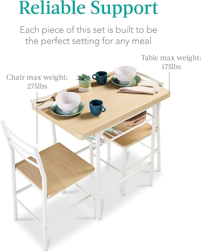 Best Choice Products 3-Piece Modern Dining Set, Space Saving Dinette for Kitchen, Dining Room, Small Space w/Steel Frame, Built-in Storage Rack - Natural/White