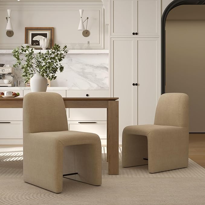 Khaki Upholstered Chenille Dining Chairs Set of 4, Mid Century Modern Dining Room Chairs with Deep Seat & Curved Back, Armless Side Chair Comfy Kitchen Chairs for Living Room/Kitchen