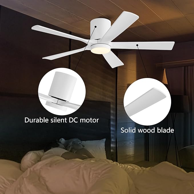 ELEHINSER 52 inch Low Profile Ceiling Fan with Light, 5 Solid Wood Blades, 6-Speeds, Quiet DC Motor, Timer, Flush Mount Modern Ceiling Fan with Remote for Living Room Bedroom, White