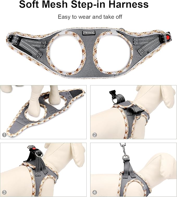 Mercano Soft Mesh Dog Harness and Leash Set, No-Chock Step-in Reflective Breathable Lightweight Easy Walk Vest Harnesses with Safety Buckle for Small Dogs, Cats (Grey, XS)