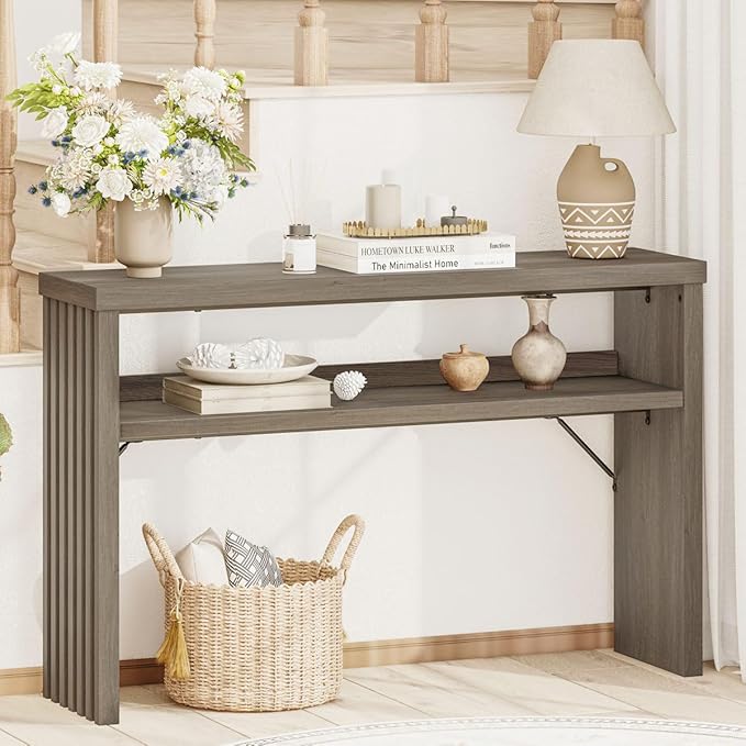 BON AUGURE Sofa Console Table, Wood Entryway Table, Grey Behind Couch Tables with Open Storage, Modern Narrow Hallway Tables (Greige Oak, 47 Inches)