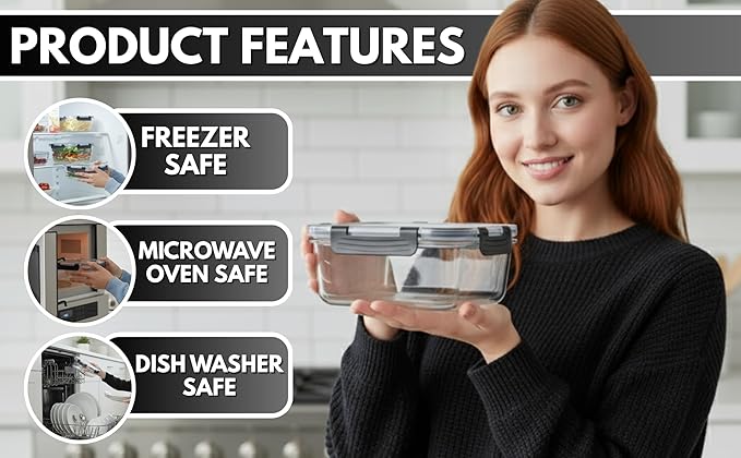 5-Pack Borosilicate Glass Food Containers 35oz, Airtight BPA-Free Meal Prep Containers with Locking Lids, Oven, Microwave & Dishwasher Safe Storage Set