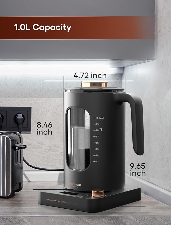 Electric Tea Kettle, INTASTING Glass Electric Kettle with tea Infuser and Precise knob temperature control, 1200W Fast Heating, BPA-Free, Easy to Clean, for Tea and coffee, 1 Liter (Dark Gray)